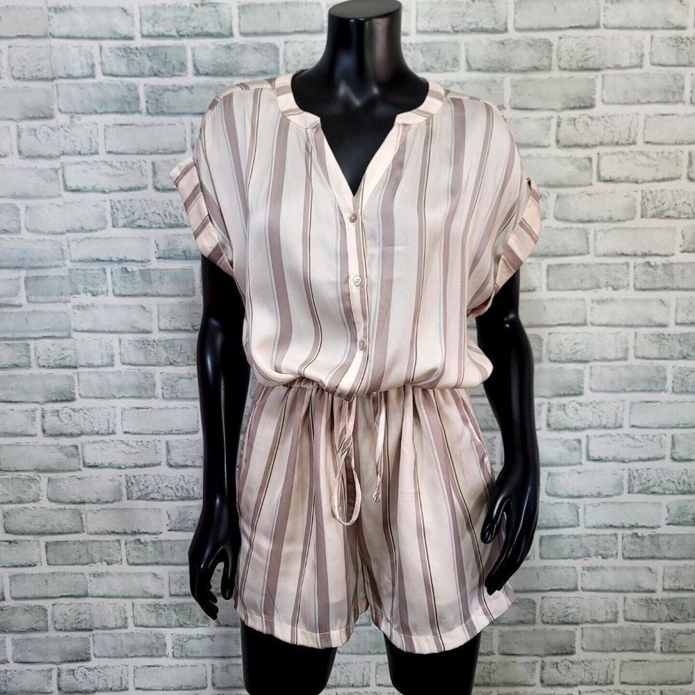 Grade & Gather Womens L Silky Polyester Beige Nude Striped Romper Drawstring